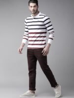 Roadster Men White & Navy Blue Striped Polo Collar T-shirt