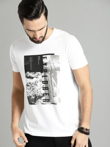 Roadster Men White Printed Cotton Pure Cotton T-shirt