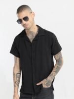 Snitch Black Classic Textured Self Design Cuban Collar Casual Shirt