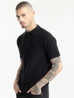 Snitch Black Crochet Slim Fit Pure Cotton T-shirt