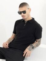 Snitch Black Crochet Slim Fit Pure Cotton T-shirt