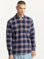 Snitch Blue & Peach-Coloured Classic Slim Fit Tartan Checked Cotton Casual Shirt