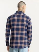 Snitch Blue & Peach-Coloured Classic Slim Fit Tartan Checked Cotton Casual Shirt