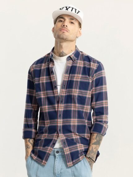 Snitch Blue & Peach-Coloured Classic Slim Fit Tartan Checked Cotton Casual Shirt