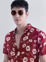 Snitch Red Floral Printed Spread Collar Classic Slim Fit Casual Shirt