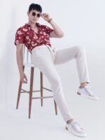 Snitch Red Floral Printed Spread Collar Classic Slim Fit Casual Shirt