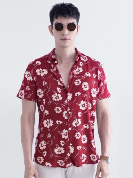 Snitch Red Floral Printed Spread Collar Classic Slim Fit Casual Shirt