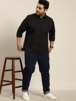 Sztori Men Plus Size Black Solid Pure Cotton Casual Shirt