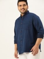 Sztori Men Plus Size Navy Blue Pure Cotton Chambray Casual Shirt