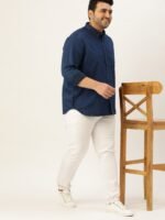 Sztori Men Plus Size Navy Blue Pure Cotton Chambray Casual Shirt