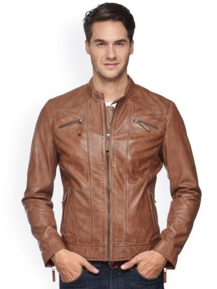 Teakwood Leathers Band Collar Leather Jacket