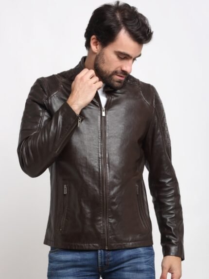 Teakwood Leathers Mandarin Collar Leather Jacket