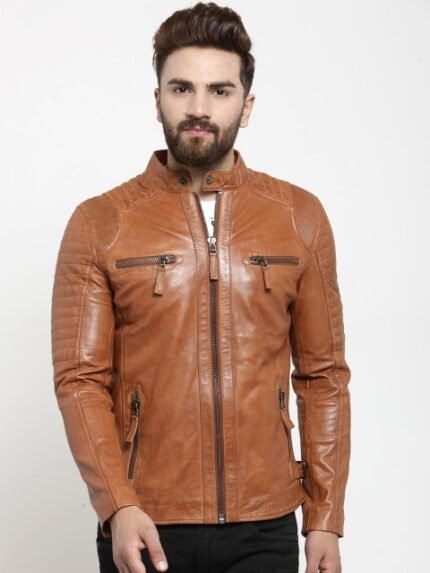 Teakwood Leathers Men Tan Genuine Leather Biker Jacket