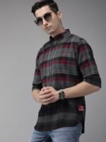 THE BEAR HOUSE Ardor Edition Men Grey & Maroon Slim Fit Checked Cotton Casual Shirt