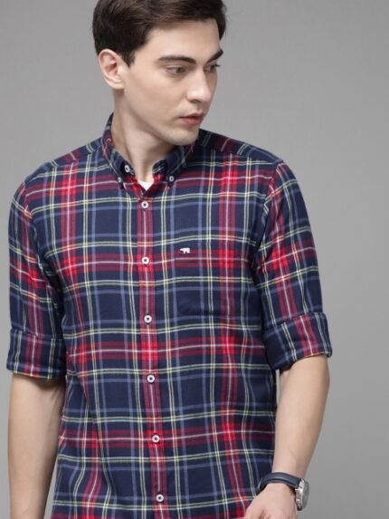 THE BEAR HOUSE Men Blue Flannel Slim Fit Pure Cotton Checked Casual Shirt