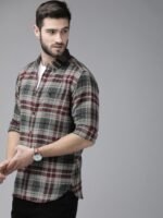 THE BEAR HOUSE Men Grey Slim Fit Tartan Checks Checked Casual Shirt