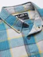 THE BEAR HOUSE Men Grey & Teal Blue Slim Fit Checked Flannel Cotton Casual Shirt