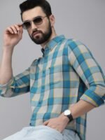 THE BEAR HOUSE Men Grey & Teal Blue Slim Fit Checked Flannel Cotton Casual Shirt