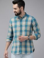 THE BEAR HOUSE Men Grey & Teal Blue Slim Fit Checked Flannel Cotton Casual Shirt