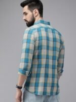 THE BEAR HOUSE Men Grey & Teal Blue Slim Fit Checked Flannel Cotton Casual Shirt