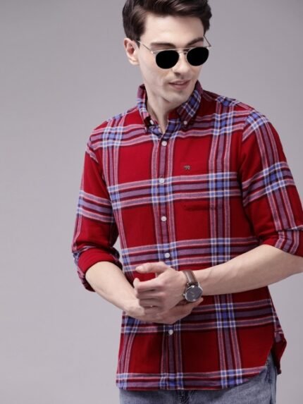 THE BEAR HOUSE Men Red Slim Fit Windowpane Checks Opaque Checked Casual Shirt