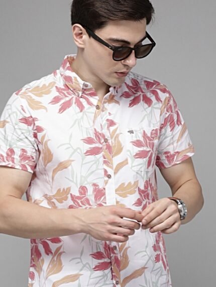 THE BEAR HOUSE Men White Slim Fit Floral Print Pure Cotton Casual Shirt