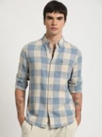 THE BEAR HOUSE Men Windowpane Checked Slim Fit Cotton Linen Shirt