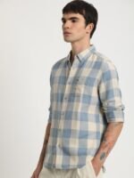 THE BEAR HOUSE Men Windowpane Checked Slim Fit Cotton Linen Shirt