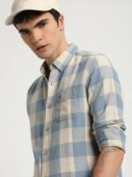 THE BEAR HOUSE Men Windowpane Checked Slim Fit Cotton Linen Shirt