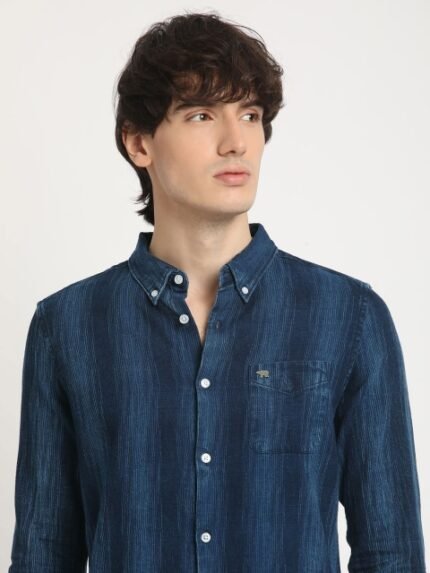 THE BEAR HOUSE Pure Cotton Striped Slim Fit Casual Shirt