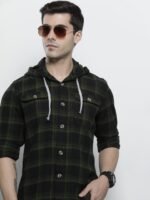 The Indian Garage Co Men Checkered Hooded Shirt with Double Flap Pockets