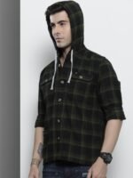 The Indian Garage Co Men Checkered Hooded Shirt with Double Flap Pockets