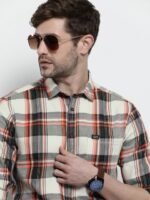 The Indian Garage Co Men Cream-Coloured Slim Fit Tartan Checked Casual Shirt