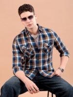 The Indian Garage Co Men Khaki & Navy Blue Slim Fit Checked Casual Shirt