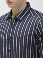 The Indian Garage Co Men Navy Blue & White Slim Fit Striped Casual Shirt