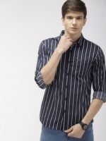 The Indian Garage Co Men Navy Blue & White Slim Fit Striped Casual Shirt