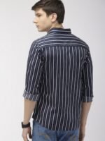 The Indian Garage Co Men Navy Blue & White Slim Fit Striped Casual Shirt