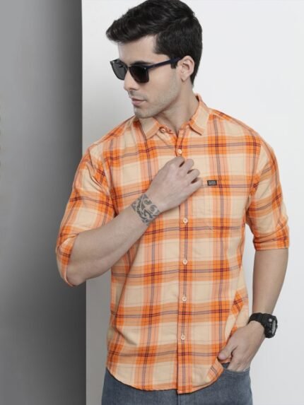 The Indian Garage Co Men Orange Comfort Checked Regular Fit Cotton Casual Shirt