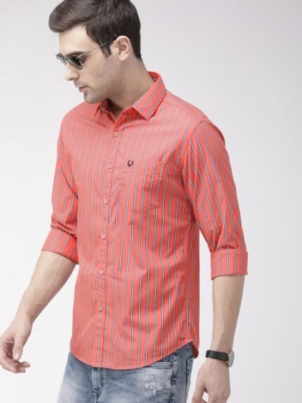 The Indian Garage Co Men Pink & Blue Slim Fit Striped Casual Shirt