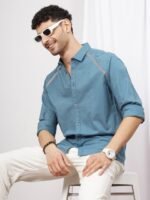 The Indian Garage Co Men Teal Cotton Casual Shirt with Reflective Stripes
