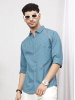 The Indian Garage Co Men Teal Cotton Casual Shirt with Reflective Stripes