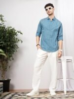 The Indian Garage Co Men Teal Cotton Casual Shirt with Reflective Stripes