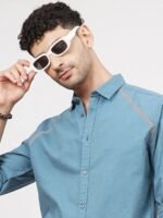 The Indian Garage Co Men Teal Cotton Casual Shirt with Reflective Stripes