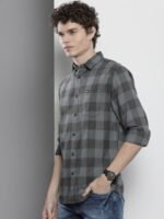 The Indian Garage Co Men Teal Green & Charcoal Grey Cotton Checked Casual Shirt