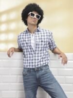 The Indian Garage Co Men White & Blue Slim Fit Checked Casual Shirt