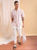 The Indian Garage Co Striped Cuban Collar Pure Cotton Oversized Casual Shirt