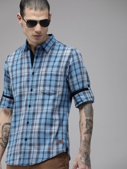 The Roadster Lifestyle Co Men Blue And Grey Tartan Checked Pure Cotton Casual Shirt