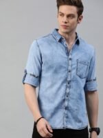 The Roadster Lifestyle Co Men Blue Regular Fit Washed Sustainable Casual Denim Shirt