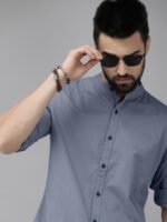 The Roadster Lifestyle Co. Men Grey Solid Mandarin Collar Slim Fit Casual Shirt