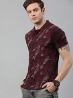 The Roadster Lifestyle Co Men Maroon and Grey Printed Polo Collar Pure Cotton T-shirt